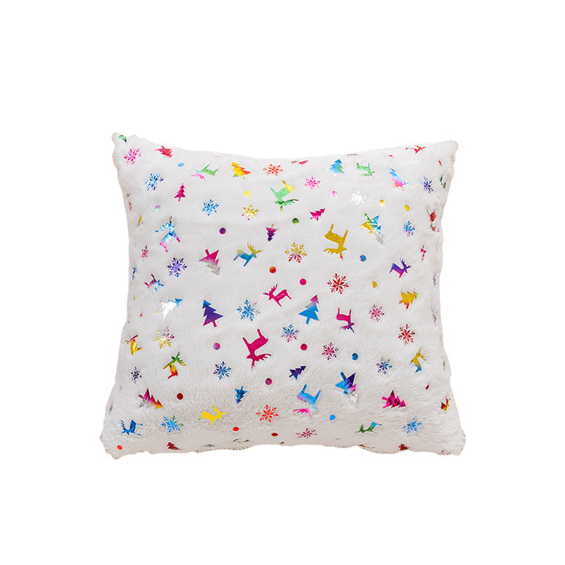 Faux Fur Christmas Throw Pillow with Foil Reindeer and Tree Print | Plush Polyfill, Square Shape | Holiday Decorations