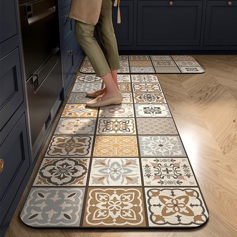 Cushioned Kitchen Rug Runner with Tile Print Border | Non-Slip Backing for Sink and Stove | 13 Designs