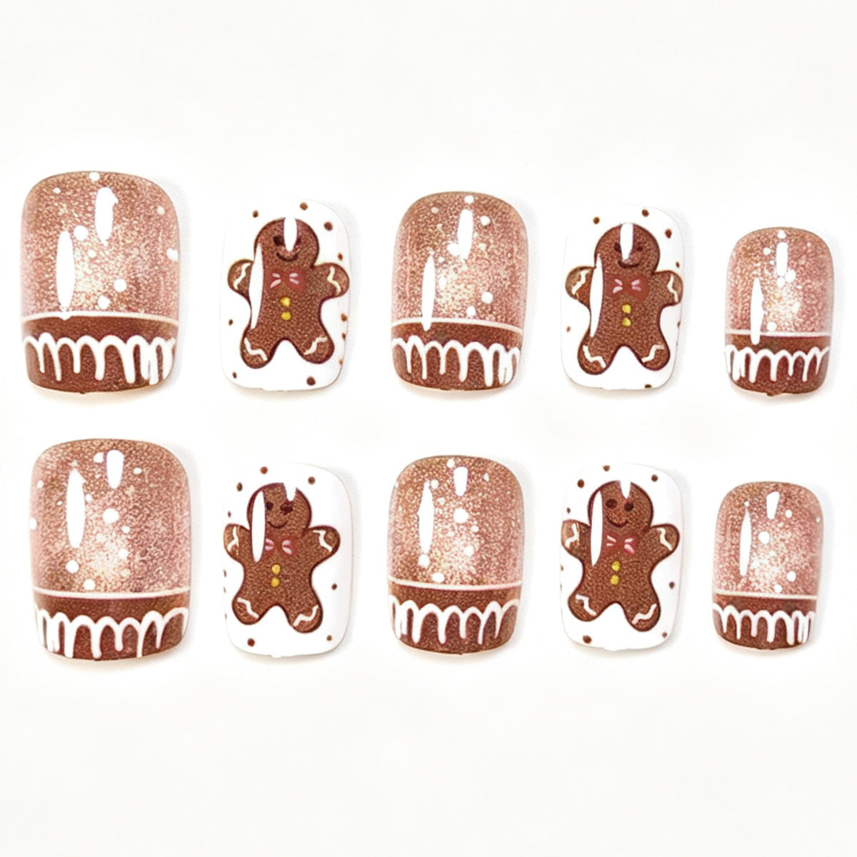 Gingerbread Nails with Glitter Finish | Christmas Nail Art Set with Winter Motifs | Festive Xmas Manicure for Office Parties