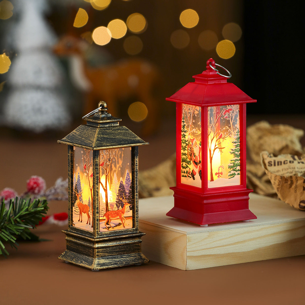 Snowman Scene Christmas Decorations in a Small Flame Lantern | Glittering Trees Around the Figure | Soft Glow for Tabletops