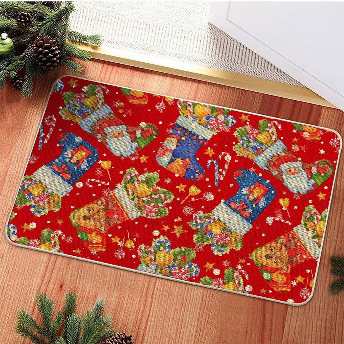 Christmas Welcome Mat with a Cat Design | Non Slip Xmas Door Rug in Two Sizes | Festive Holiday Entrance Decor