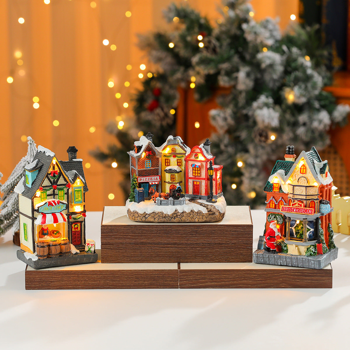 Christmas Village Houses with LED Lights | Hand Painted Resin Shop Scene | Battery Operated Winter Display