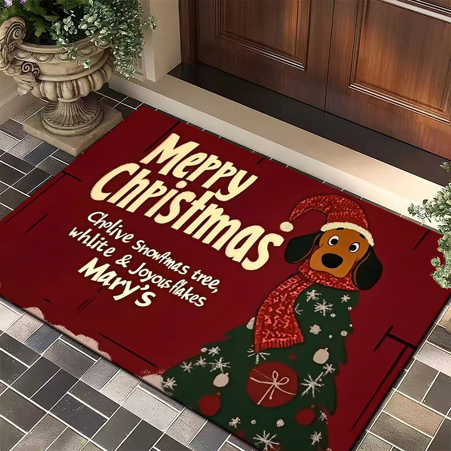 Christmas Door Mat with a Dog in a Festive Jumper | Red Welcome Rug for Entryways | Durable Weave in Several Sizes