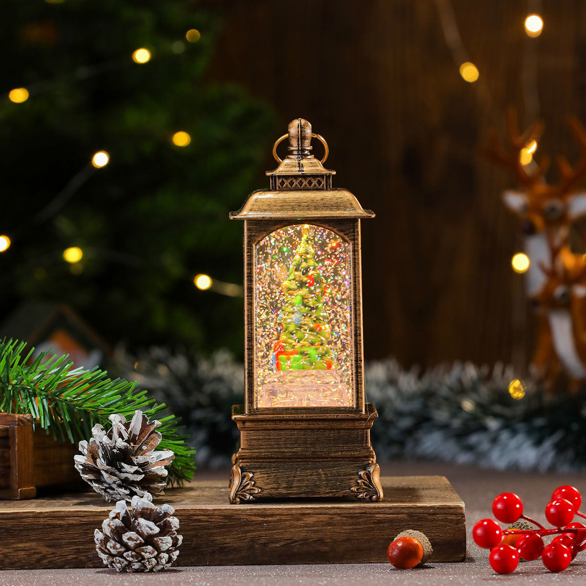 Musical Christmas Lanterns with a Santa and Reindeer Scene | Plays Classic Holiday Melodies | 12 in Tall Painted Tabletop Light