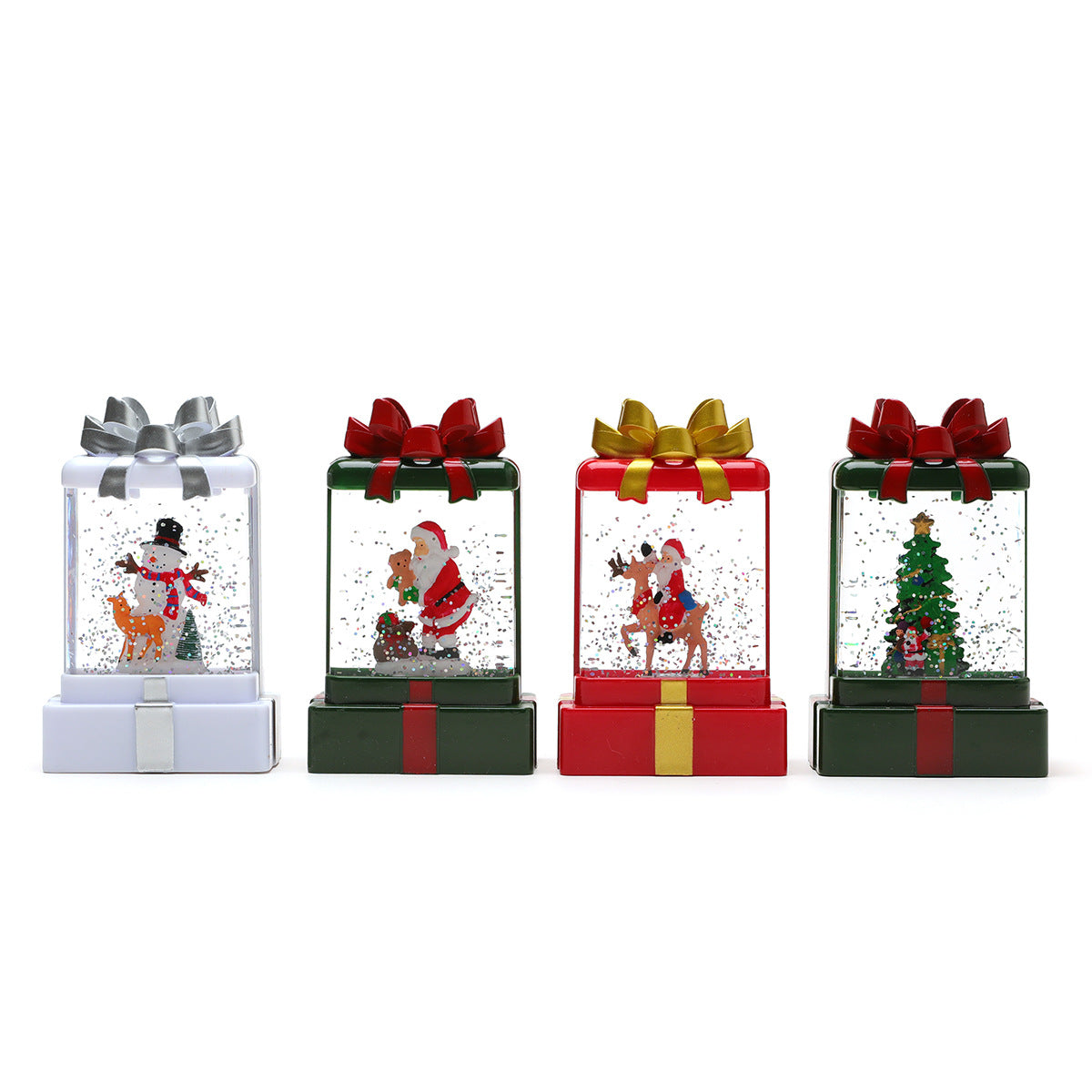 Gift Box Shaped Christmas Decorations with a Santa Scene | Shake for Swirling Snowflakes | Warm LED Light in Red, Green or White