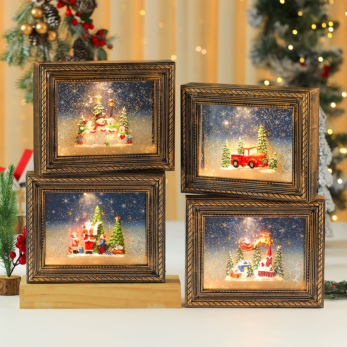 Lighted Picture Frame with a Christmas Village Scene | Snowy Truck and Cottage Designs | Warm Glow for Shelf and Mantel Displays