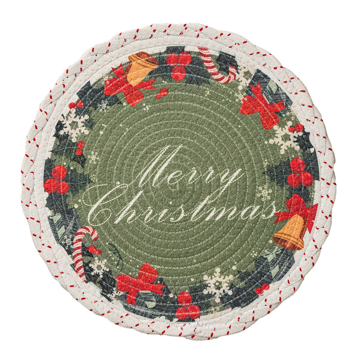 Round Braided Christmas Placemats | Santa, Tree and Reindeer Prints in Six Designs | Woven Cotton Table Decorations