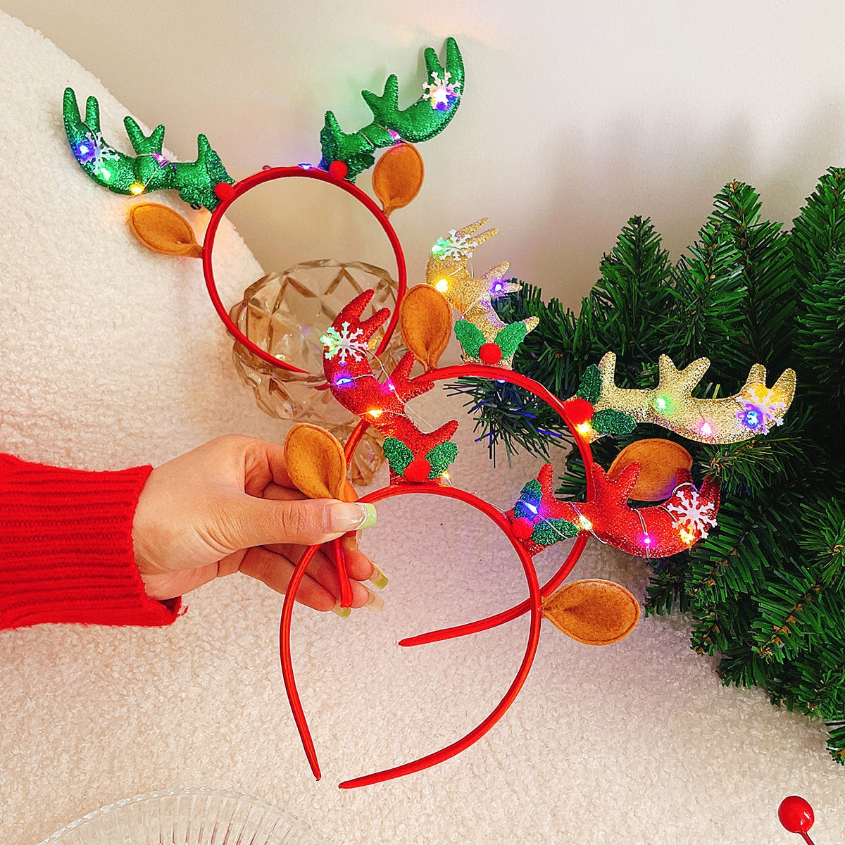 Light Up Reindeer Antler Headband with Glitter Foil Accents | Adjustable One Size Party Wear | Festive Christmas Photo Prop