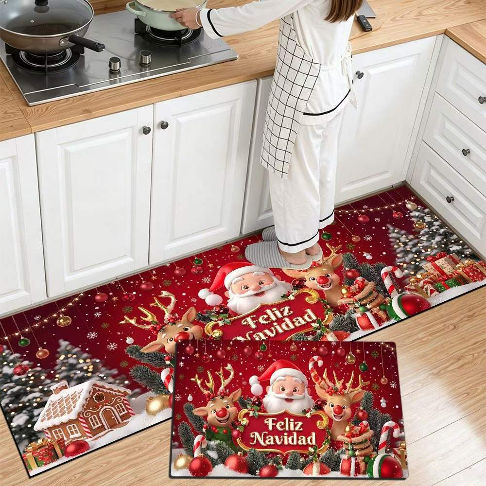 Christmas Kitchen Runner with Tree and Ornament Print | Cushioned Non-Slip Indoor Mat | Festive Floor Decor for Sink and Stove