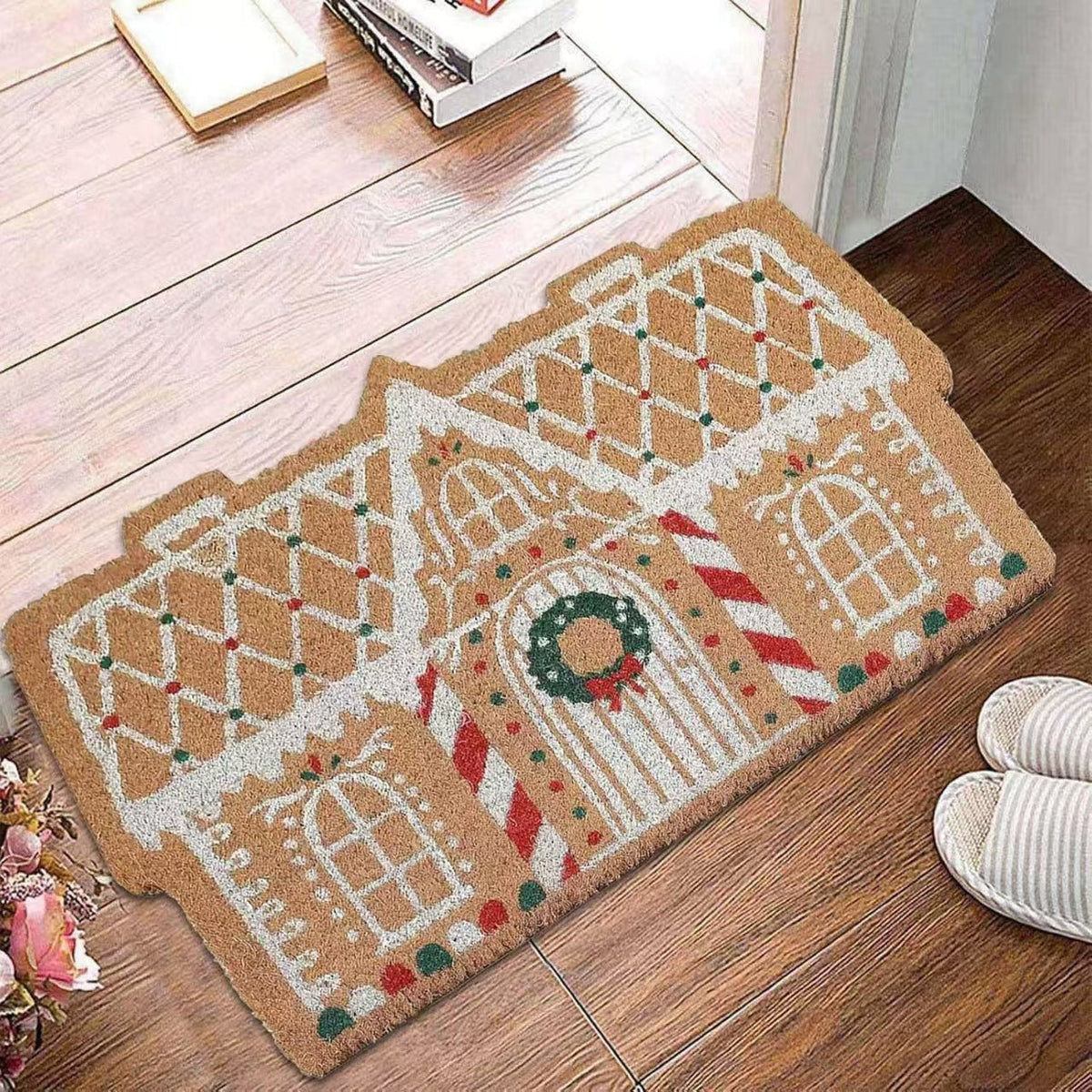 Christmas Tree Shaped Rug with Candy Cane and Snowflake Print | Soft Fibers Underfoot | Living Room and Entryway Mat