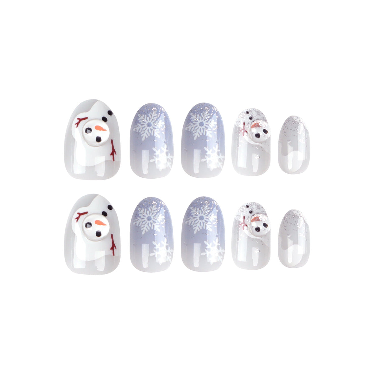White Christmas Nails with Snowman and Snowflake Art | Frosted Grey Ombre Tips | Shaped To Fit, Easy To Remove