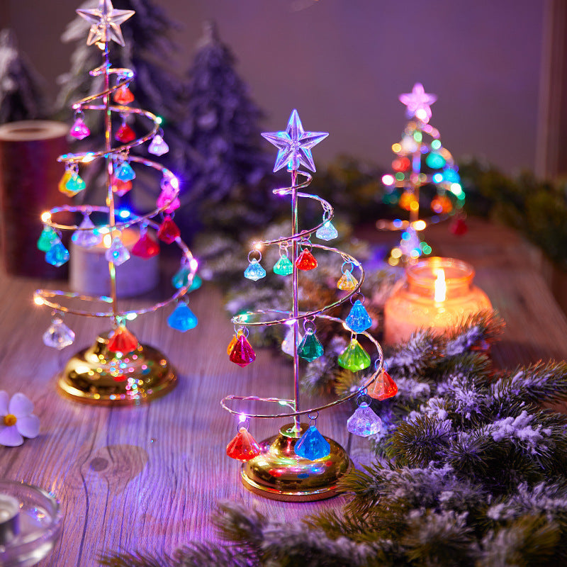 Spiral Mini LED Christmas Tree Lights with Clear Crystal Drops | Star Topper in Gold or Silver | Warm Tabletop Holiday Decor