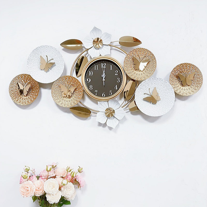 Butterfly Wall Clock with Gold-Tone Discs and Floral Accents | Silent Movement for a Living Room or Bedroom | 2 Finishes