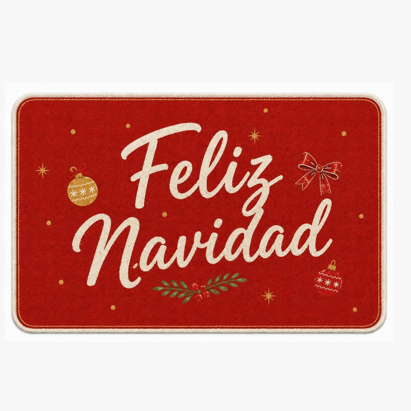 Red and Black Plaid Christmas Door Mat | Ornaments, Snowflakes and Gifts Print | Non-Slip Backing on a Festive Rug