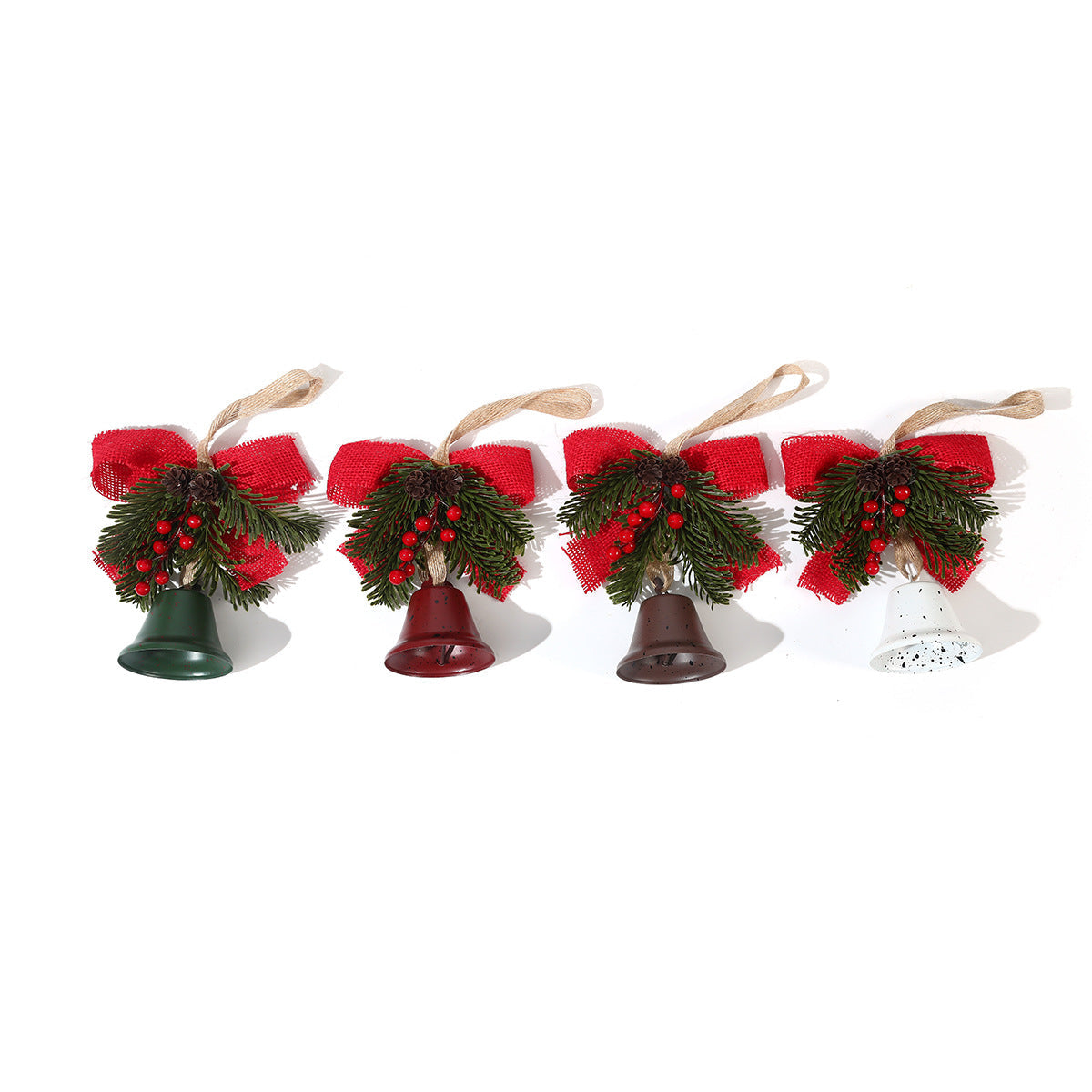 Christmas Ornaments with Bell, Red Bow and Faux Greenery Accent | Sturdy Cord for Tree or Door Hanging | Four Classic Colorways