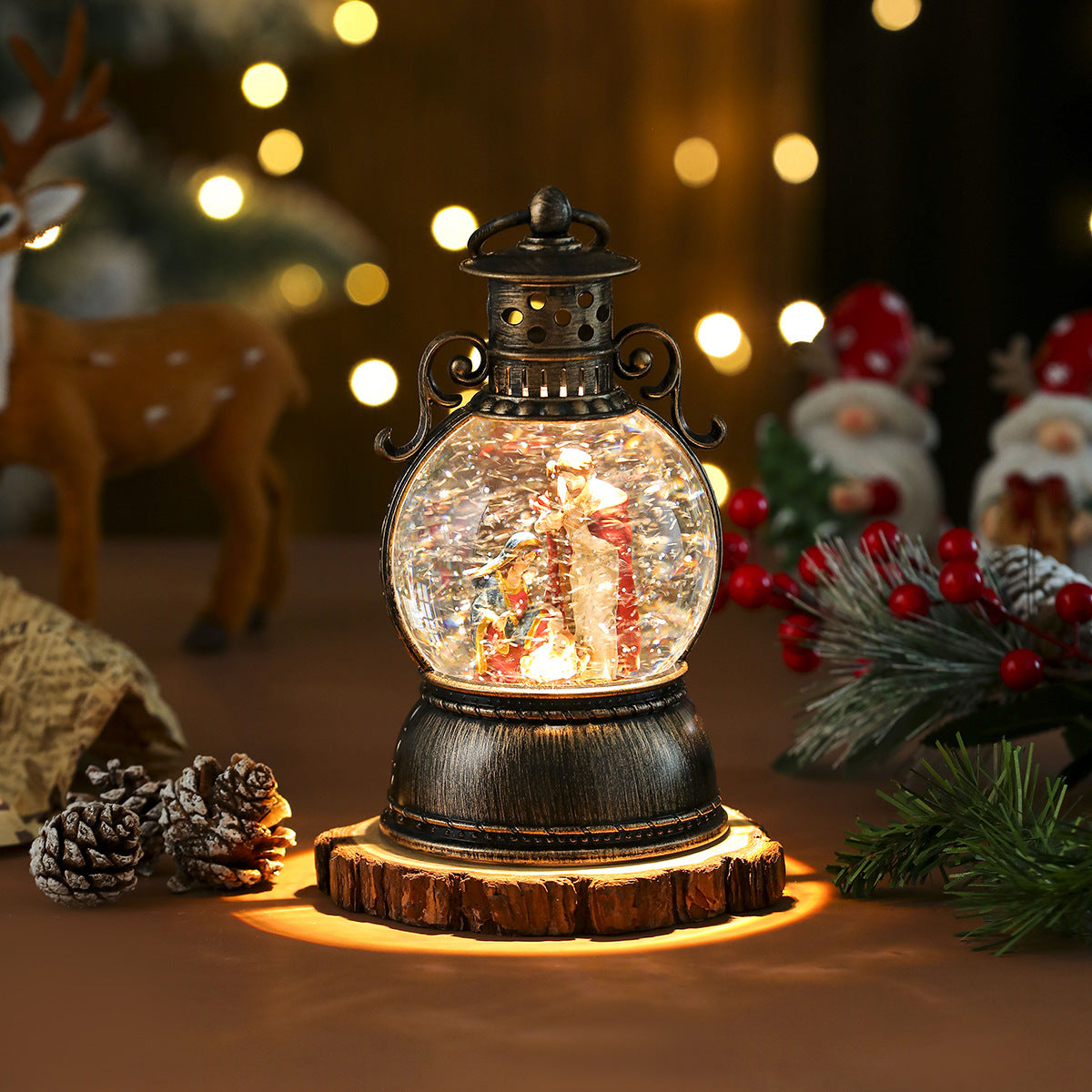 LED Christmas Lights in a Glass Dome Lantern with Santa and a Fir Tree | Warm Candlelight Effect | Battery Powered, No Socket