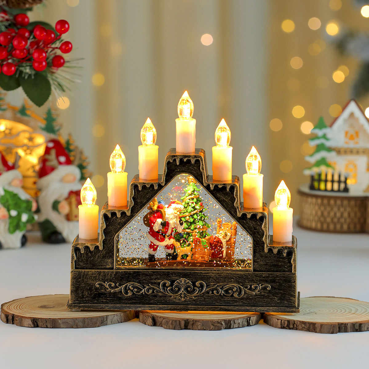 Candle Arch with Warm Christmas Lights | Lit Santa and Tree Scene | Wooden Mantel Centerpiece for Holiday Tables