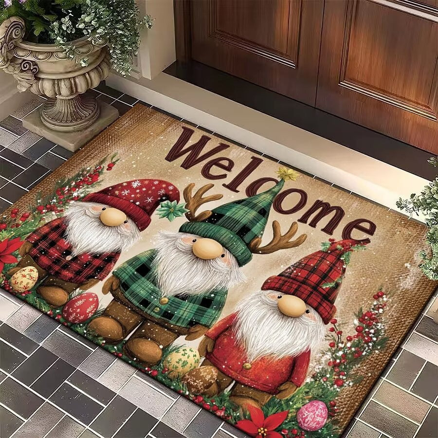 Christmas Door Mat with Bells, Holly and Red Bow Print | Durable Low Profile Entrance Rug | Three Sizes, Five Festive Designs