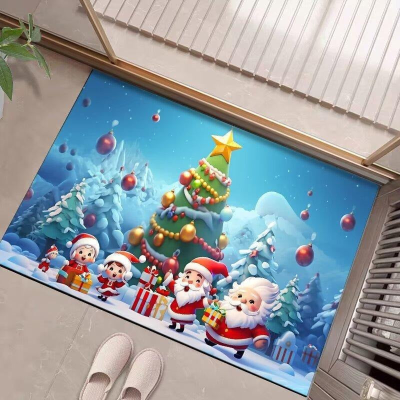 Christmas Door Mat with Merry Santa and Gift Print | Durable Fibers, Strong Underfoot Grip | Indoor Outdoor Entryway Decor
