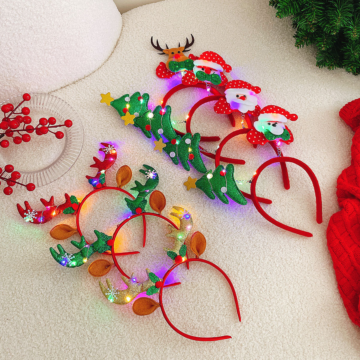 Light Up Reindeer Antler Headband with Glitter Foil Accents | Adjustable One Size Party Wear | Festive Christmas Photo Prop
