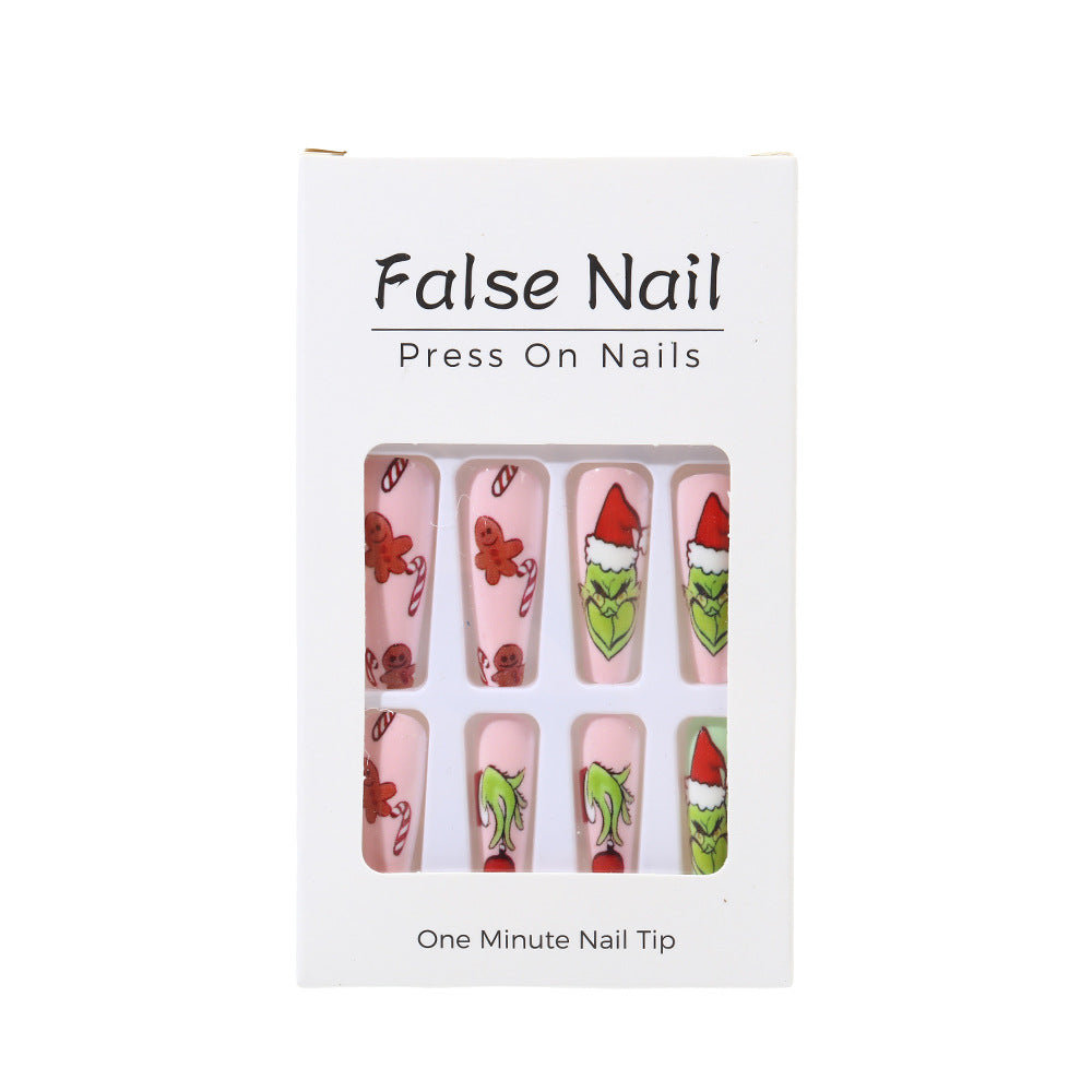 Gingerbread Nails with Santa Motifs | Glossy Christmas Press On Nail Tips | Festive Manicure for Holiday Parties