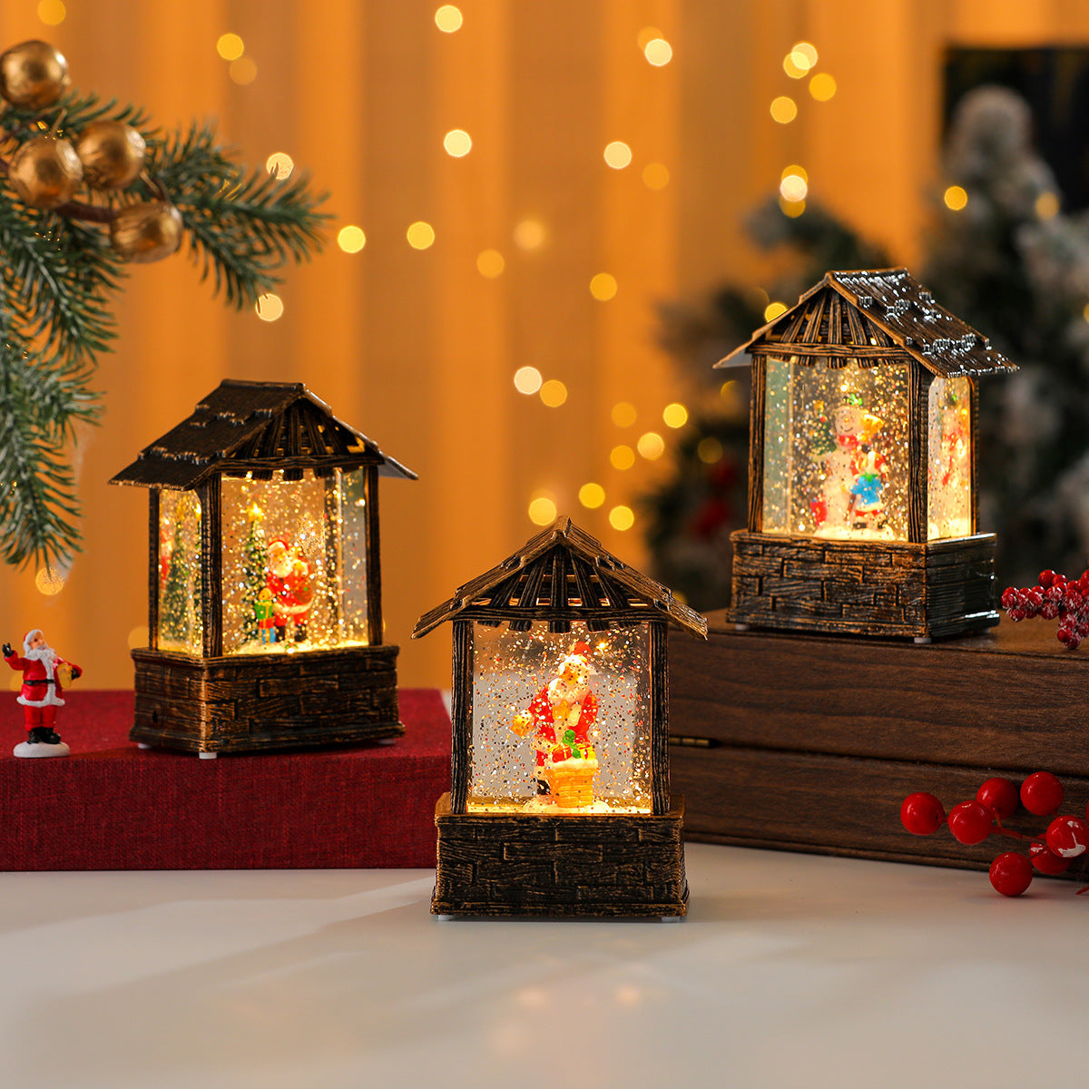 Wooden Lantern with Soft Christmas Lights | Lit Santa Scene and Snowflake Detail | Easy On Off Switch for Tabletop Decor