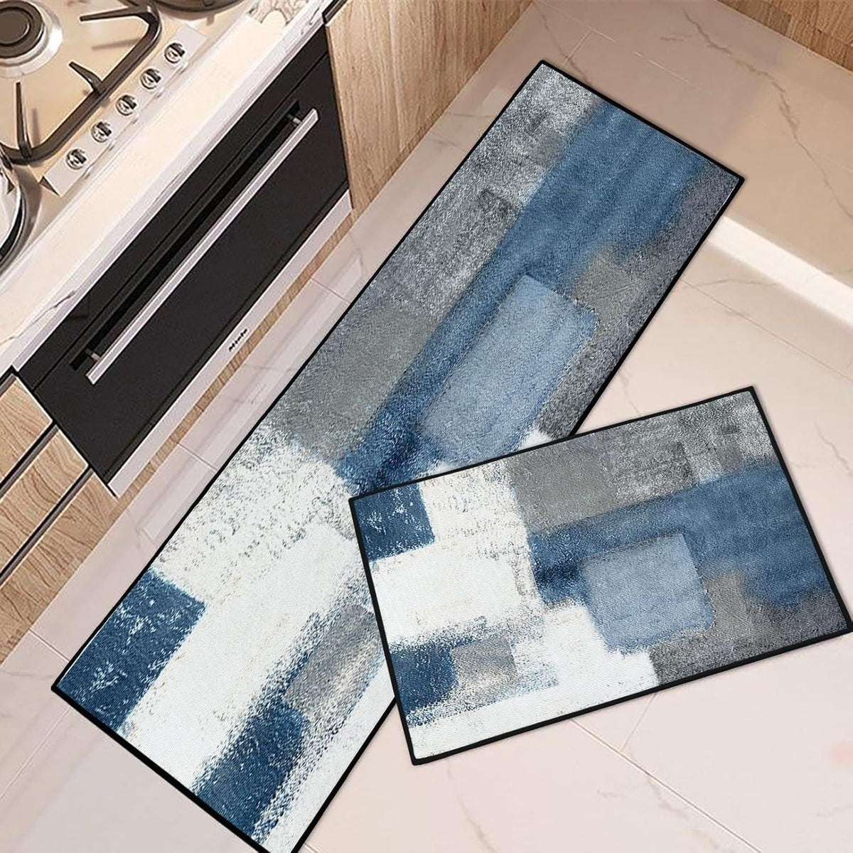 Geometric Kitchen Rug Set with Color Block Print | Non-Slip Runner and Mat for Sink and Stove | 5 Designs