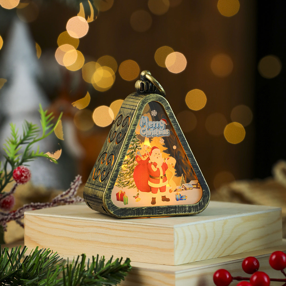 Tree Shaped Christmas Decorations with Santa and a Snowy Scene | Hanging Light Box with On Off Switch | Warm Glow for Indoor Use