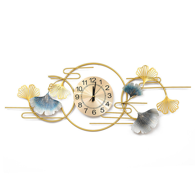 Long Wall Clock with Gilded Ginkgo Leaves in Metal | 36 x 13 in, Made to Fill a Wide Empty Stretch | Easy to Hang