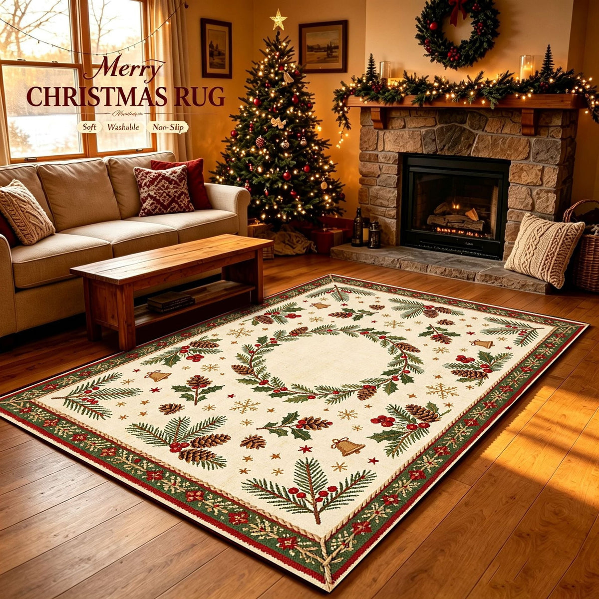 Christmas Area Rug with Snowflake and Pine Cone Pattern | Plush Soft Pile, Non-Slip Backing | Washable Holiday Floor Decor