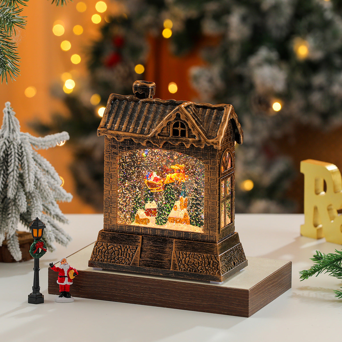 Christmas Village Snow Globe House with a Santa Scene | Lights Up for Mantel and Tabletop Display | Resin and Glass, 2 Colorways