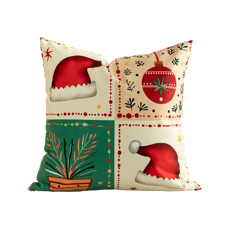 Patchwork Pillow Cover for Christmas Decorations with Bauble and Santa Hat Print | Machine Washable, Hidden Zipper | Six Designs