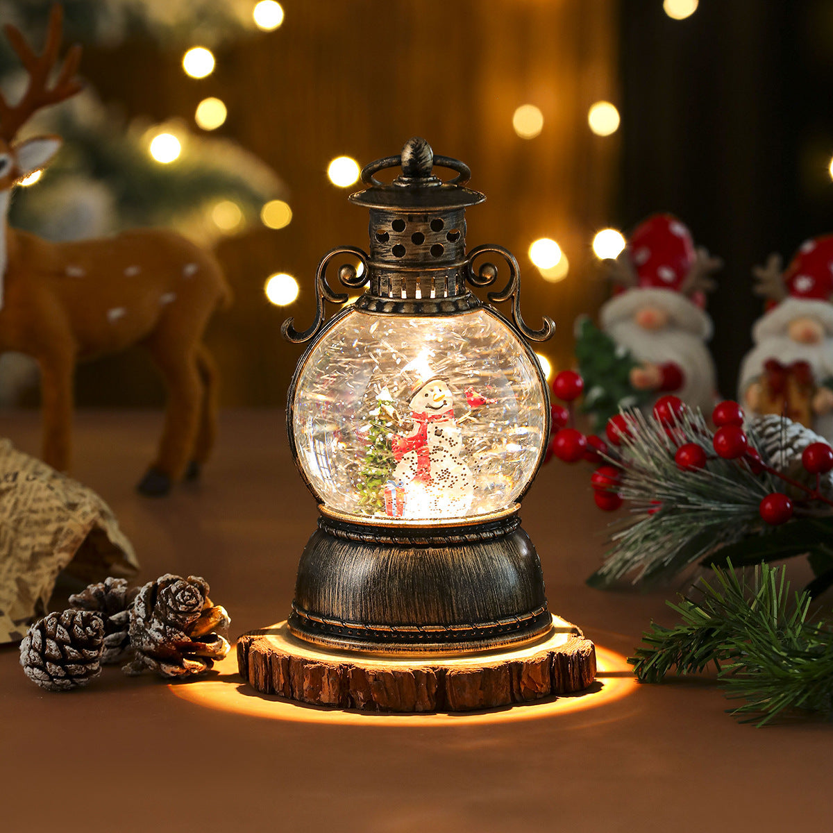 LED Christmas Lights in a Glass Dome Lantern with Santa and a Fir Tree | Warm Candlelight Effect | Battery Powered, No Socket