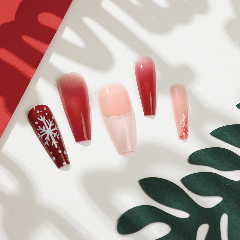 Glitter Christmas Press-On Nails in Red, White and Pink | Snowflake and Dot Detailing | Shaped for a Close Natural Fit