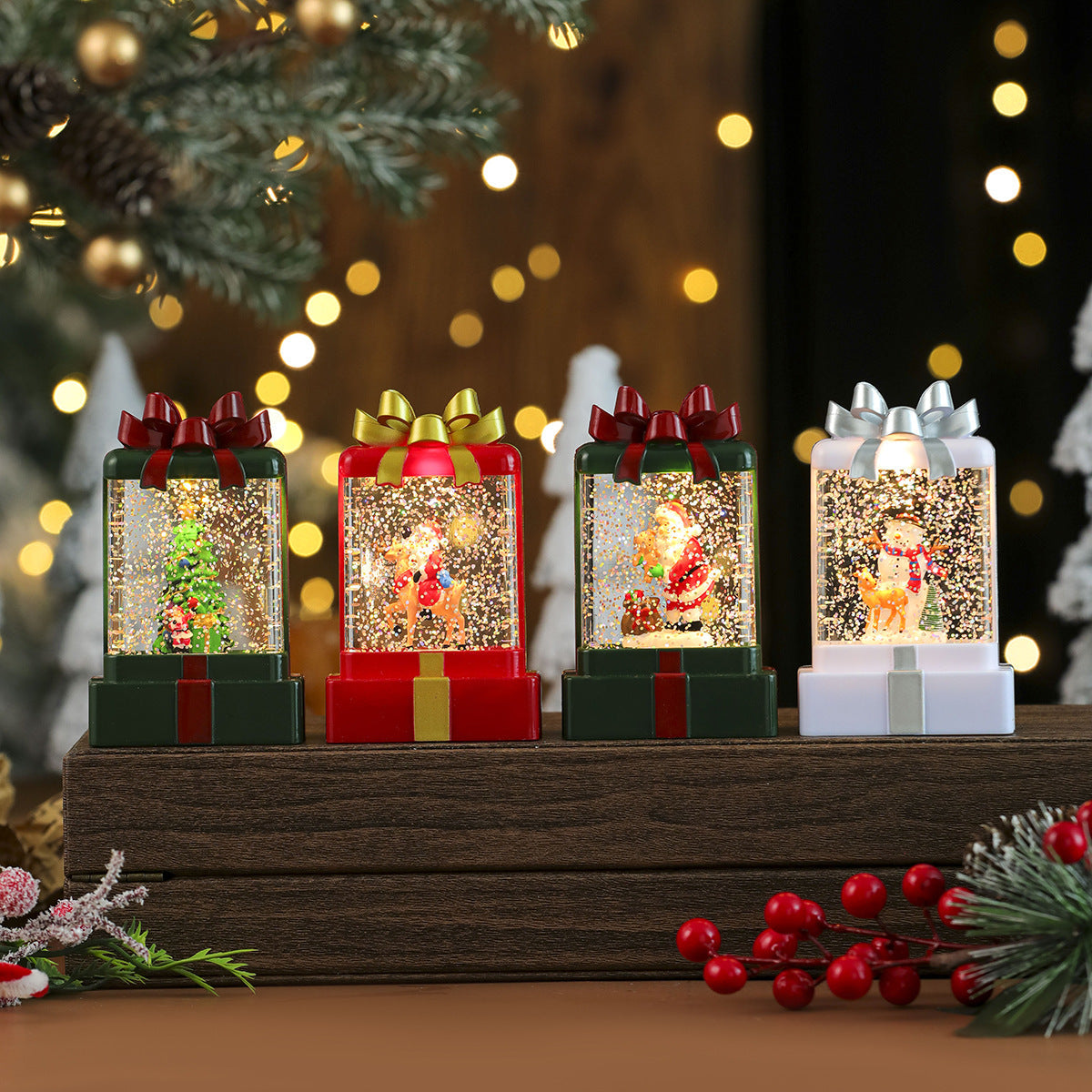 Gift Box Shaped Christmas Decorations with a Santa Scene | Shake for Swirling Snowflakes | Warm LED Light in Red, Green or White