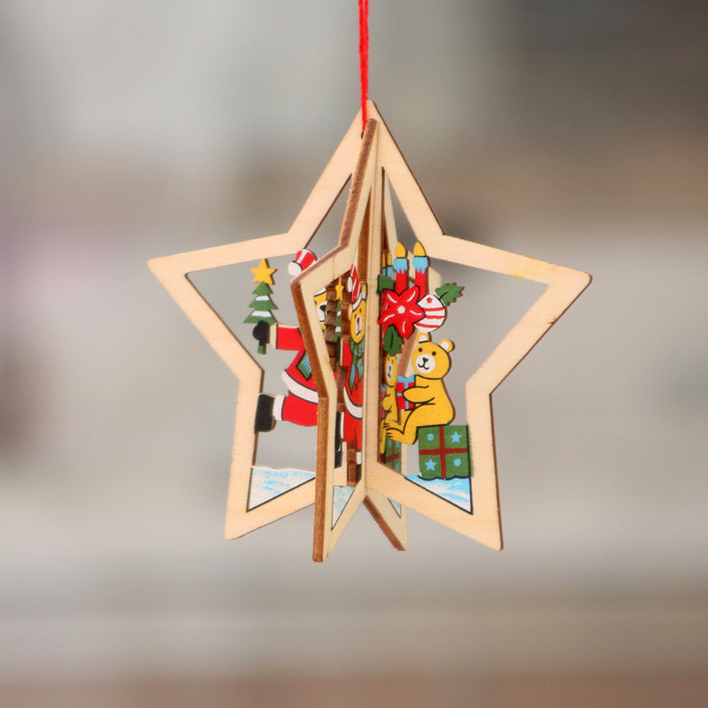 Wooden Christmas Tree Ornaments with Santa and Snowman Art | Red Ribbon for Hanging | Eight Designs for Wall or Table
