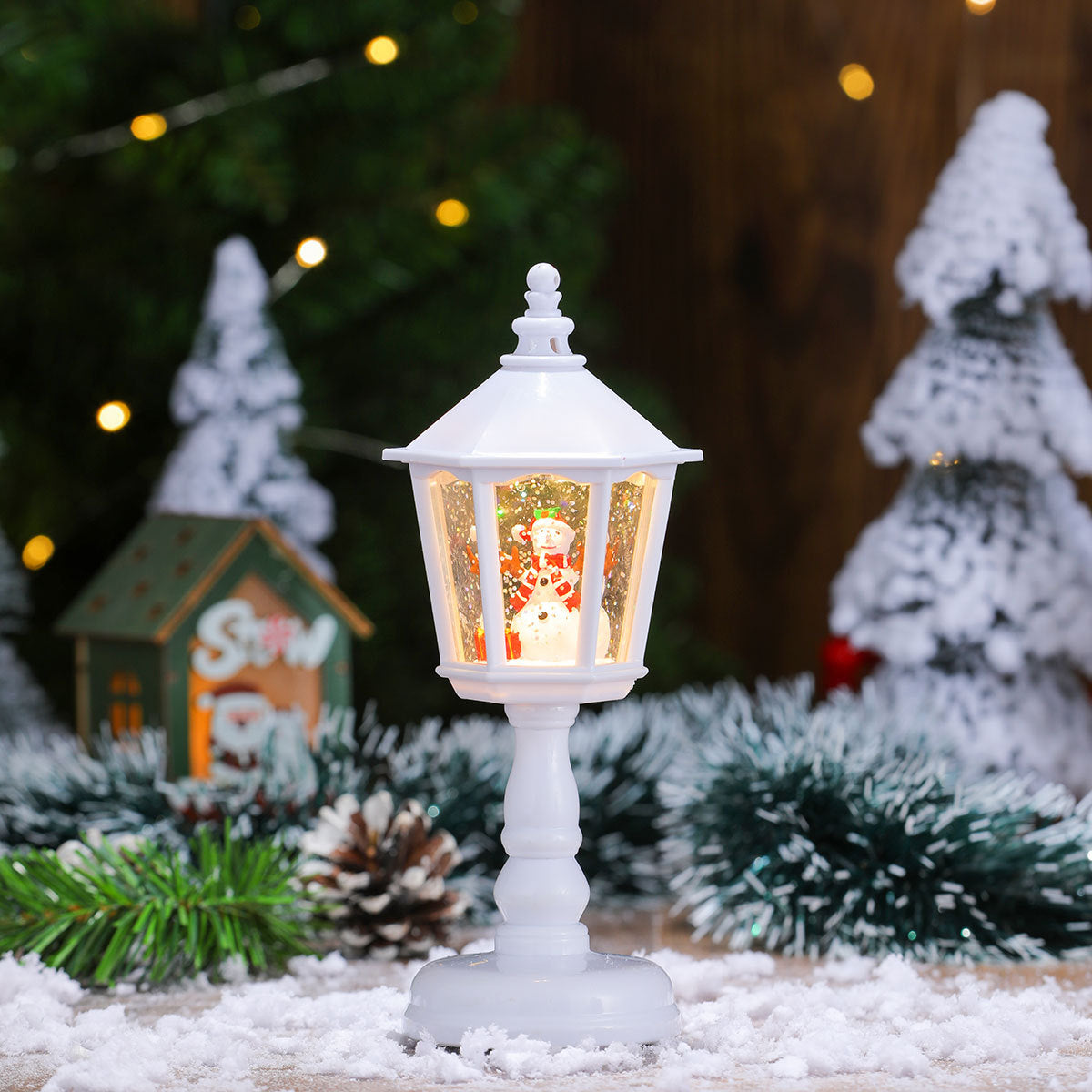 Street Lamp Lantern with Christmas Lights | Santa Figure Inside, in Red or White | Indoor and Outdoor Tabletop Decor