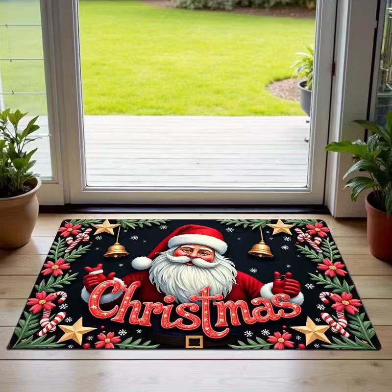 Christmas Door Mat with Reindeer and Santa Hat Design | Non-Slip Weather Resistant Fibers | Festive Entryway Decor for Patios