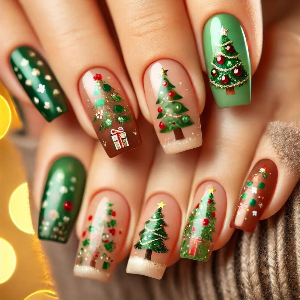Xmas Nails with Christmas Tree Design | Press On Nail Kit with File Included | Easy Festive Manicure for Winter Parties