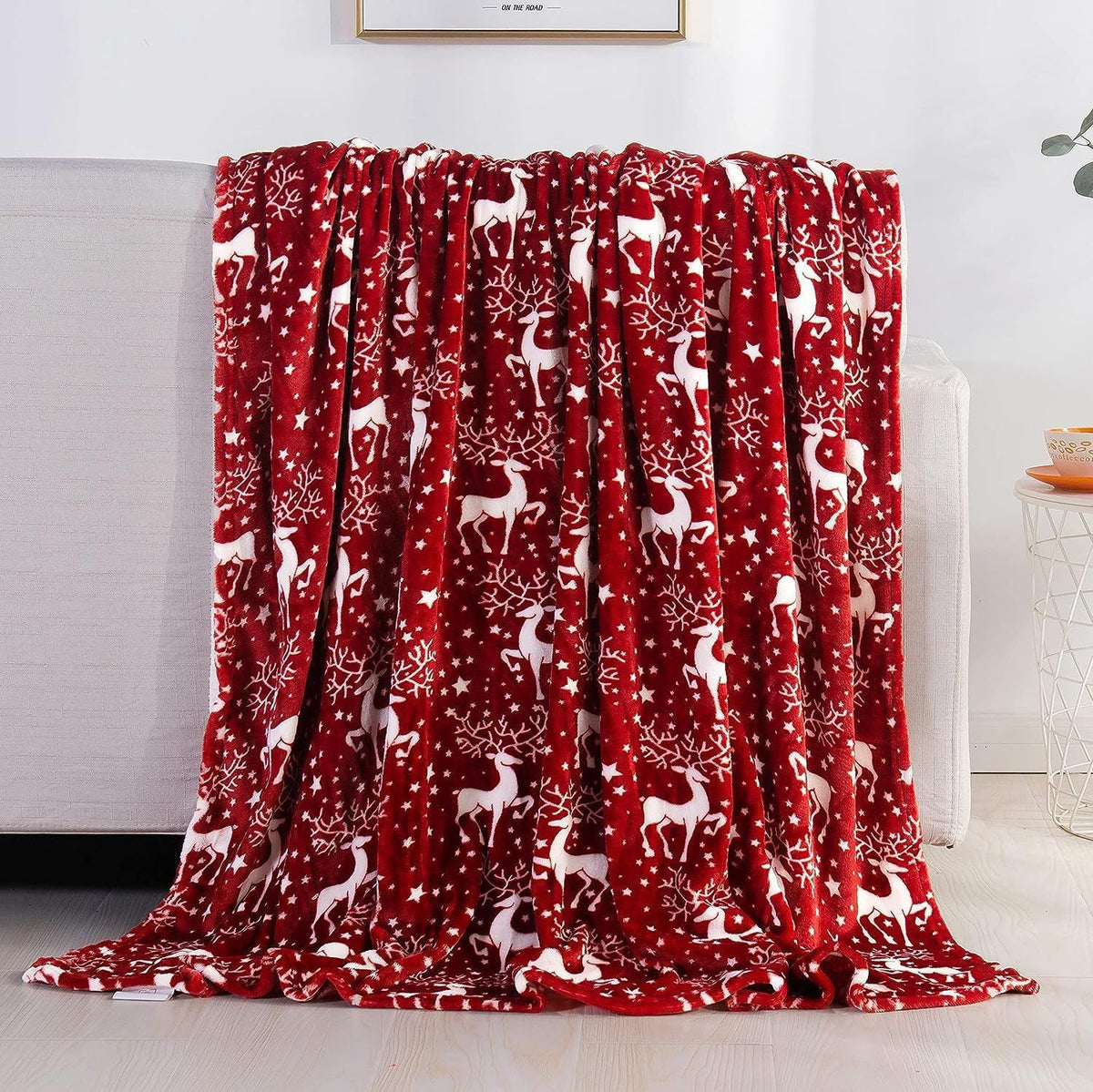 Santa and Snowman Plush Fleece Blanket in Blue | Soft Christmas Throw for Family Movie Nights | Two Sizes Available