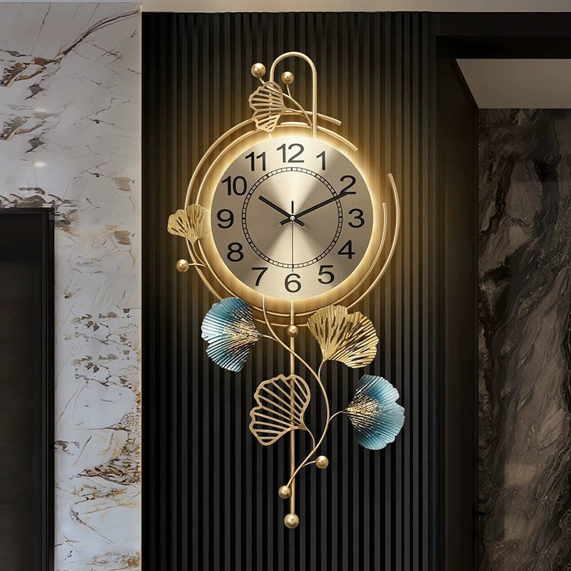 Ginkgo Leaf Wall Clock in Gold and Teal Metal | Large Dial, Clear Numbers, 13 x 26 in | Mounting Bracket Included