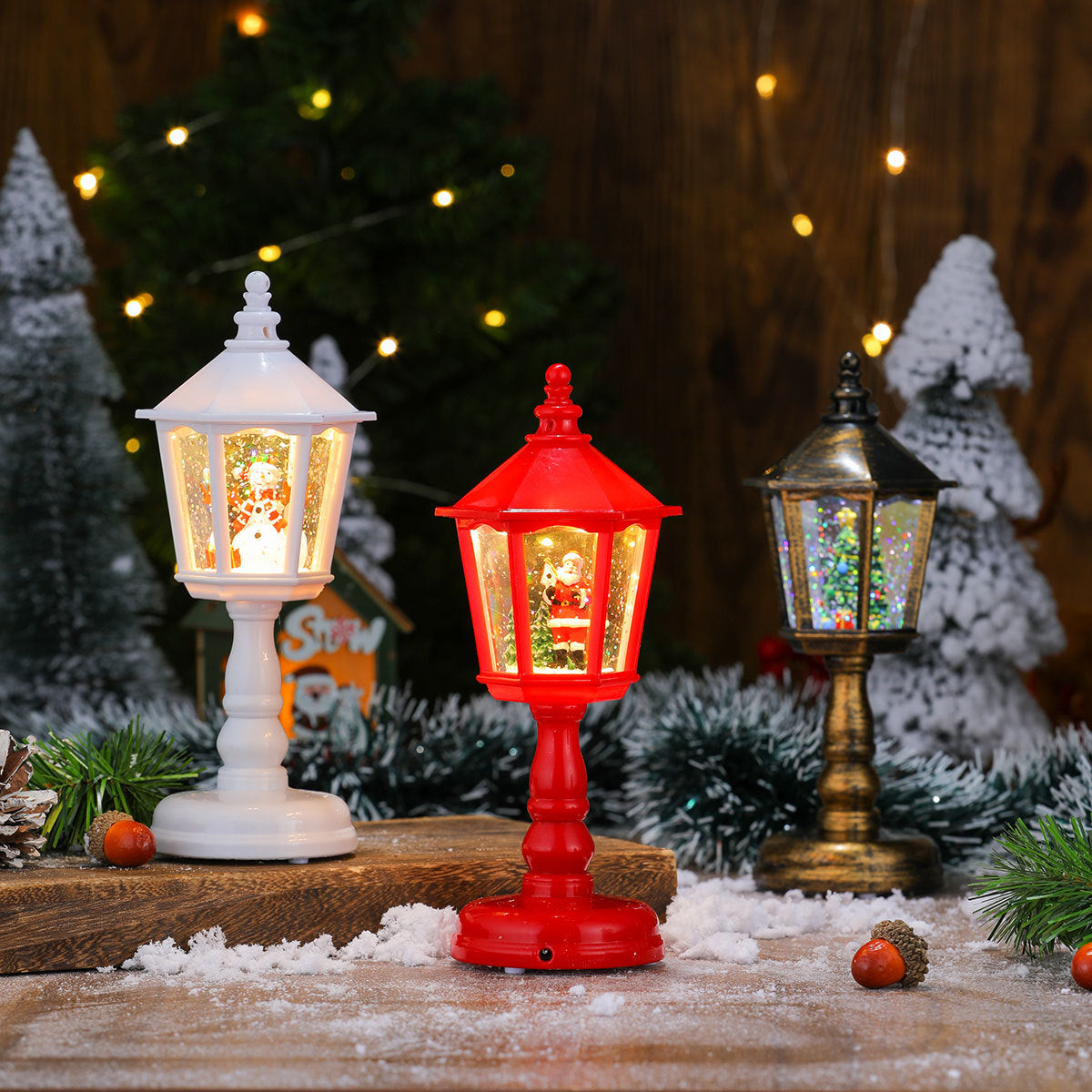 Street Lamp Lantern with Christmas Lights | Santa Figure Inside, in Red or White | Indoor and Outdoor Tabletop Decor