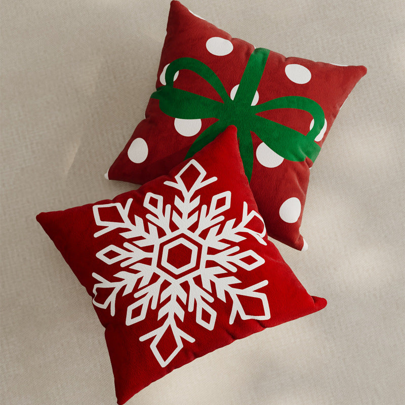Plush Velvet Christmas Pillow Cover with Snowflake and Gift Bow Motifs | Hidden Zipper, Machine Washable | Holiday Decorations