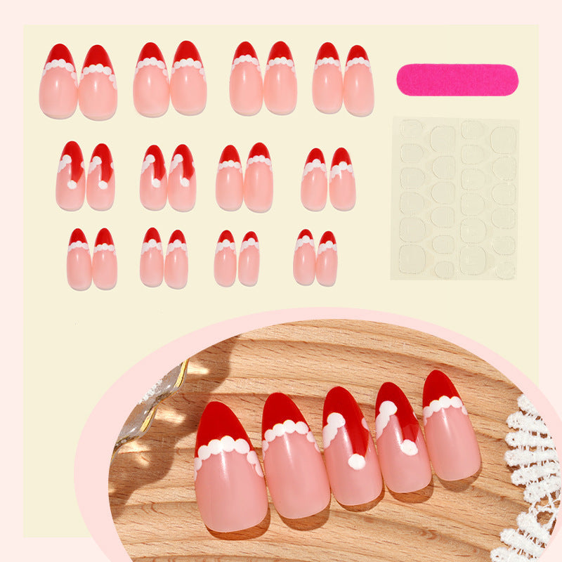 Holiday Nail Designs with a Santa Motif | Press On Christmas Nails with Red Tips and Glitter | Festive Xmas Manicure Set