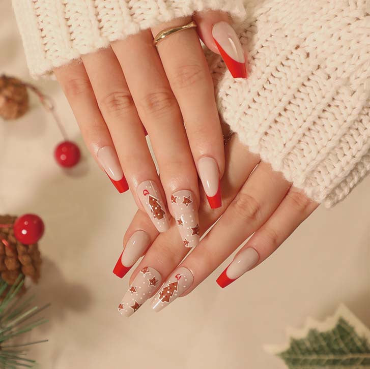 Christmas French Tip Nails in Nude and Red | Long Press On Set with Tree and Star Art | Glitter Accents, Salon Look