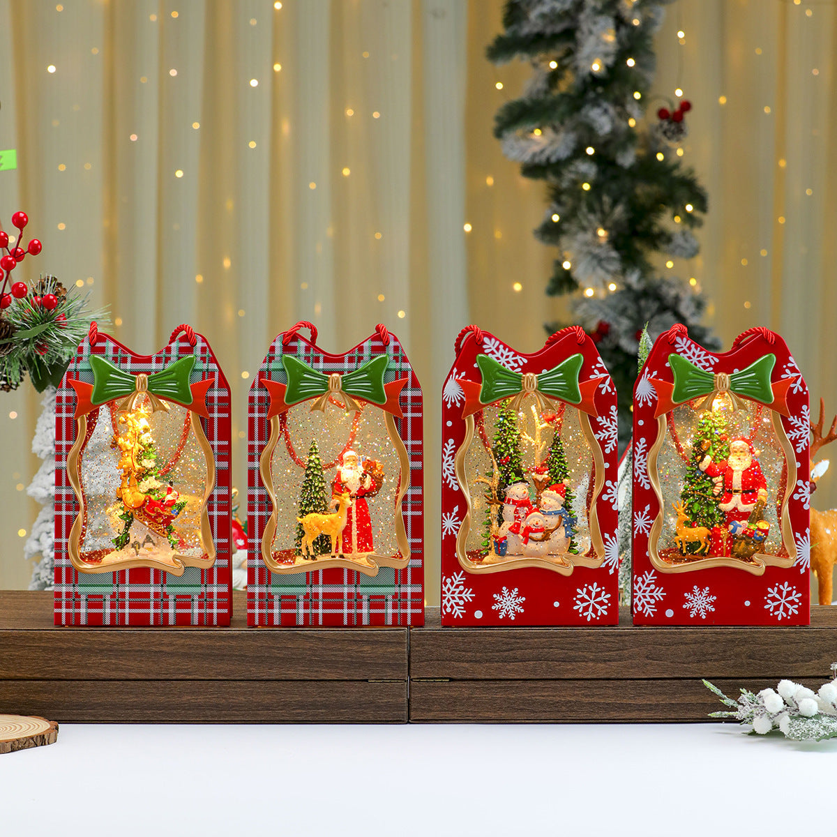 Christmas Gift Bag with a Santa Window Scene | Sturdy Paper with Twisted Handles and Glitter Trim | Doubles as Table Decorations