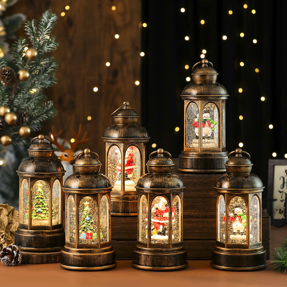 Snow Dusted Lantern with a Mini Christmas Tree and Gifts | Warm LED Lights, Battery Powered | Indoor or Outdoor Tabletop Decor