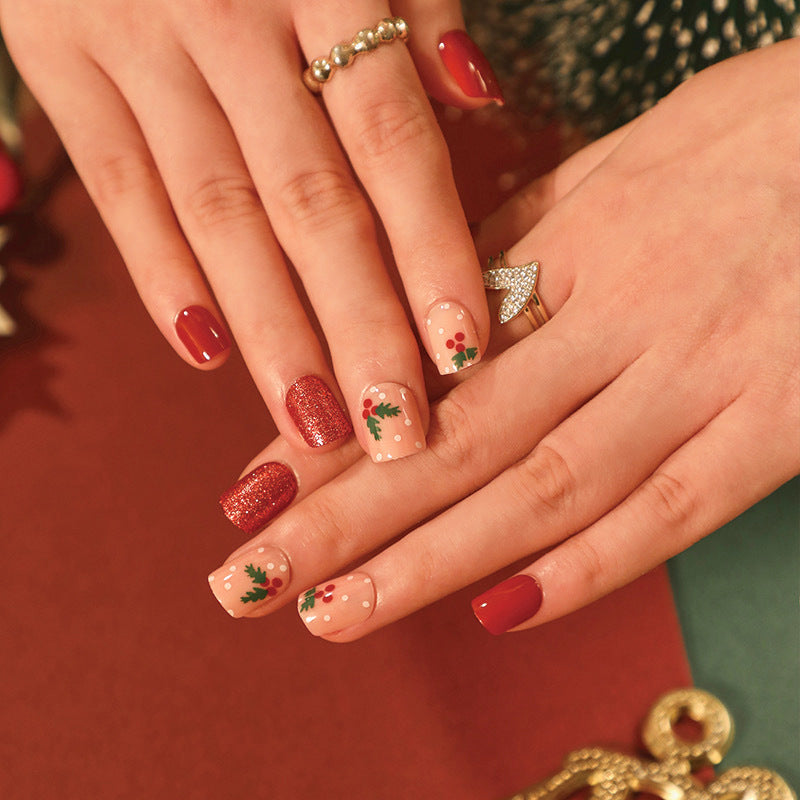 Christmas Holiday Nails with Gingerbread and Snowflake Art | Reusable Press On Set in Eight Colors | Skin Friendly Fit