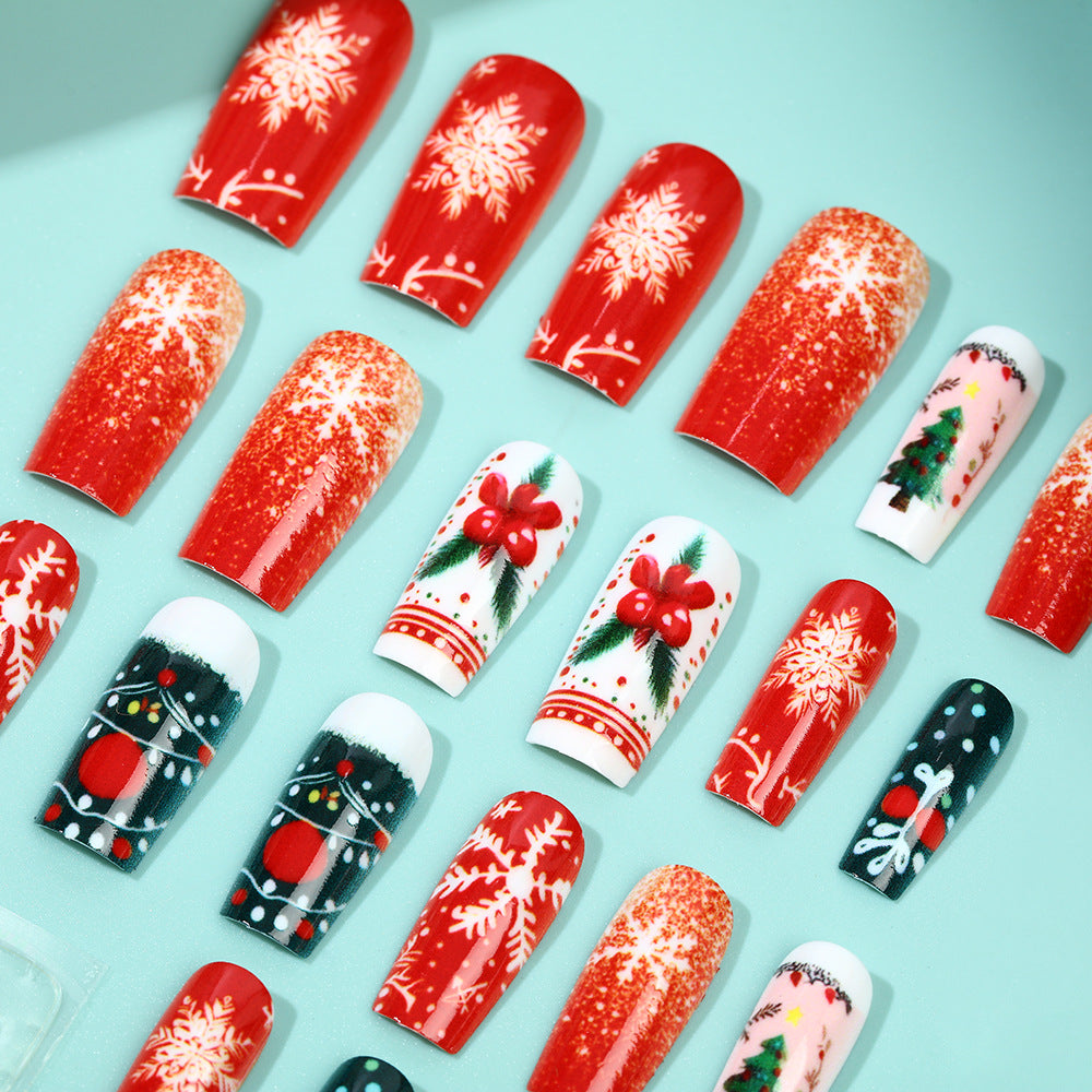 Christmas Tree Nails with Snowflake Motifs | Reusable Press On Nail Designs | Festive Winter Manicure for Parties