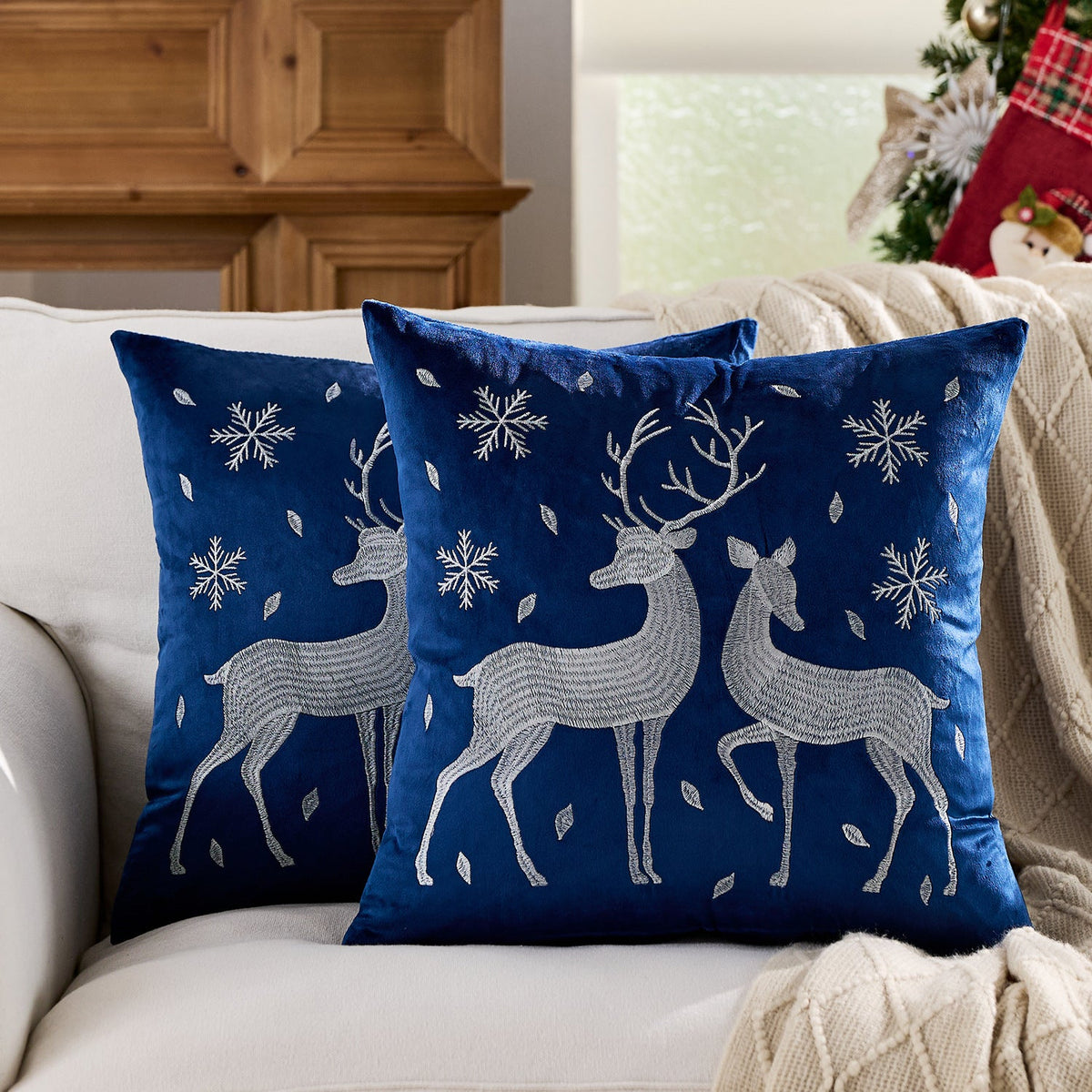 Christmas Living Room Throw Pillow Cover with Deer Silhouette | Removable Case with Discreet Zipper | 42 Designs, 17.72 x 17.72 in
